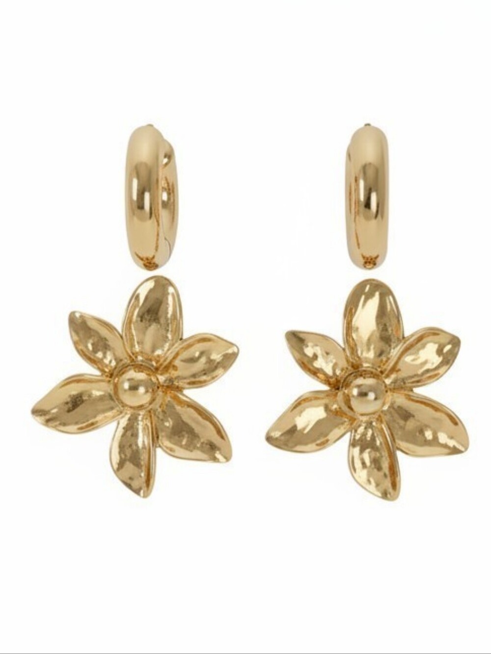 2 Pair Gold Tone Earrings Chunky Hoop & Floral Statement Earrings